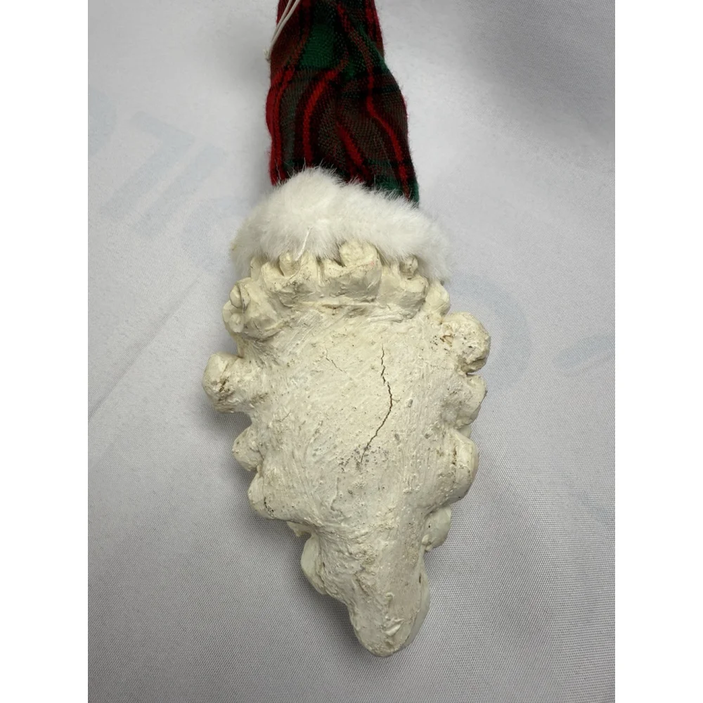 Santa Claus Face Christmas Ornament Resin Plaid Hat w/ Bell 11” Vintage? Holiday